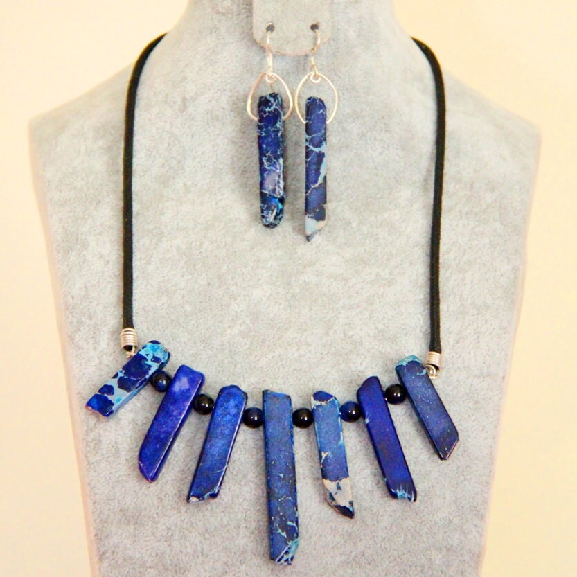 Blue necklace and matching earrings