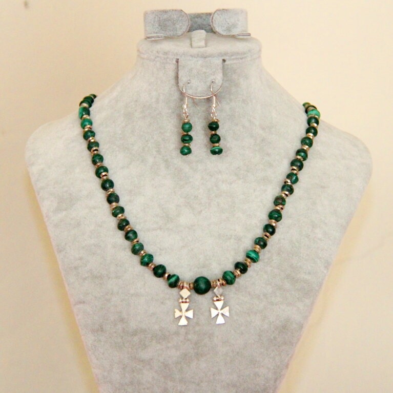 Green beaded necklace and earrings