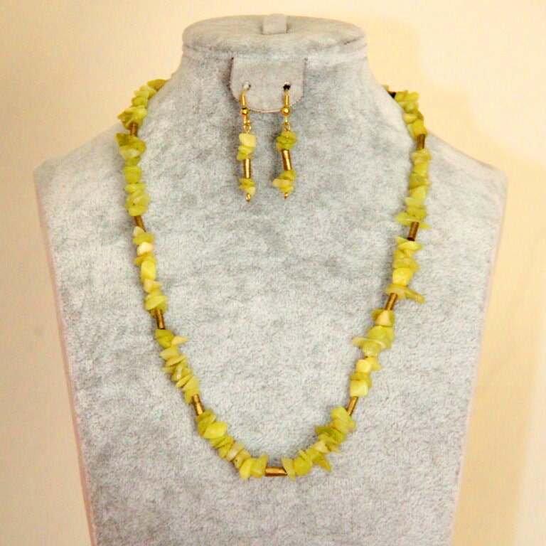 Yellow beaded necklace and earrings